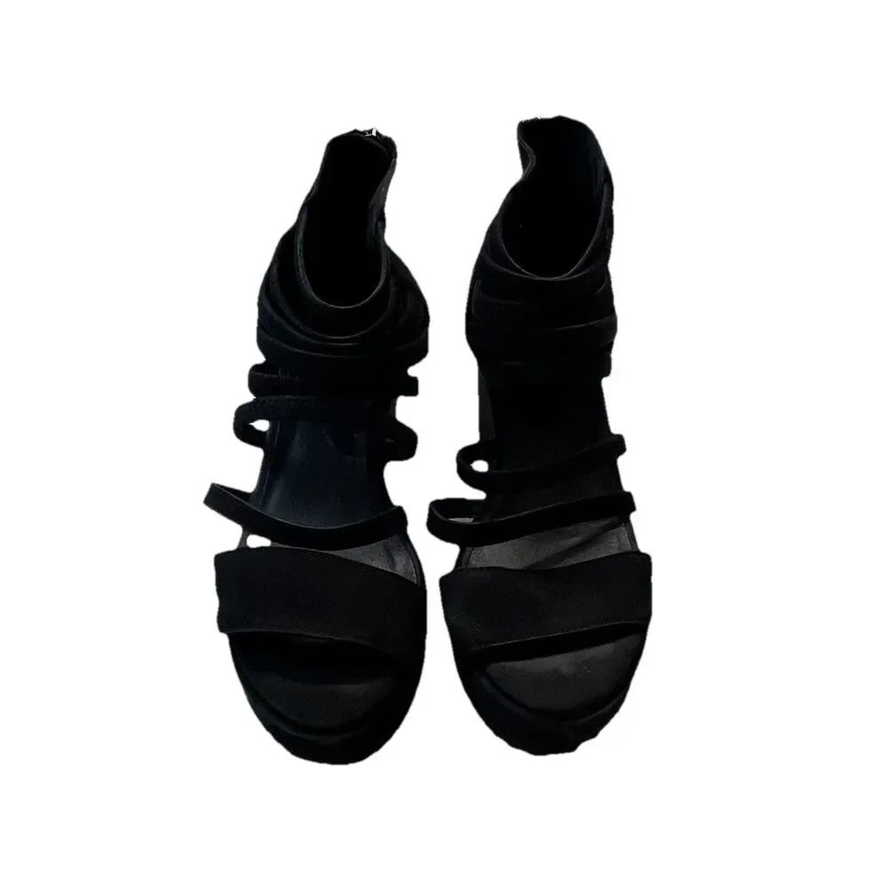 Eileen Fisher Heels Womens 7 Black Tumbled Nubuck Leather Gladiator Wedge Sandal